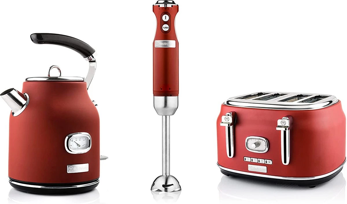 Westinghouse Retro Waterkoker + Broodrooster 4 Sleuven + Staafmixer - Rood 3 Westinghouse Retro Waterkoker + Broodrooster 4 Sleuven + Staafmixer - Rood