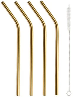 Sareva Herbruikbare Rietjes - Met Borstel - Goud - Gebogen - 4 Stuks -Keukenbenodigdheden Winkel Sareva Rietjes gebogen goud 1